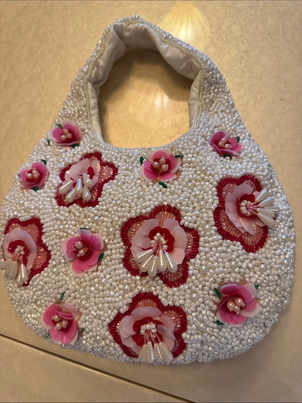 White Beaded Mini Shoulder Bag with Pink Floral Appliqués